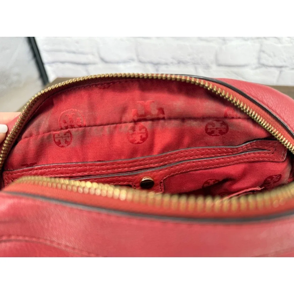 Tory Burch Thea Camera Bag Burgundy Red Pebbled‎ Leather Crossbody Tassel Purse